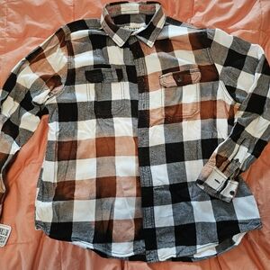 Men's Plaid Button-Up Shirt - Black, White, and Brown